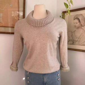 Vintage Beige Sweater with Fur Trim Cuffs Embroidered Detail, Cozy Knit Pullover